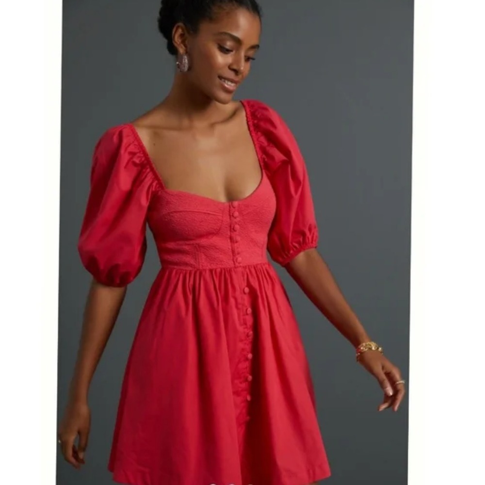 Anthropologie Maeve Mini Puff Sleeve Sweetheart Dress Pink‎